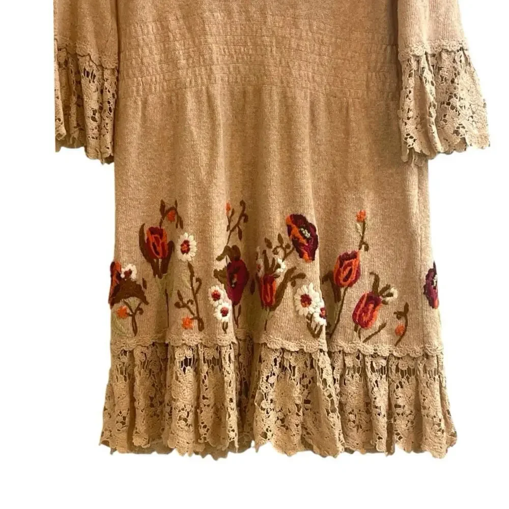 Anthropologie Moth "Village Pass Tunic" Sweater Dress Small Floral Crochet Lace - Picture 3 of 9